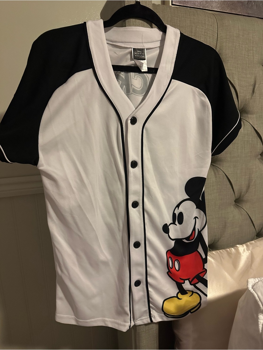 Disney White & Black Baseball-Style Jersey with Subtle Graphic